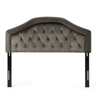 Upholstered Grey Velvet Headboard For Queen & Full Sized Beds, Revealing Button Chic And Nailhead Elegance Modern Headboard, Exhibiting Fashion Flair