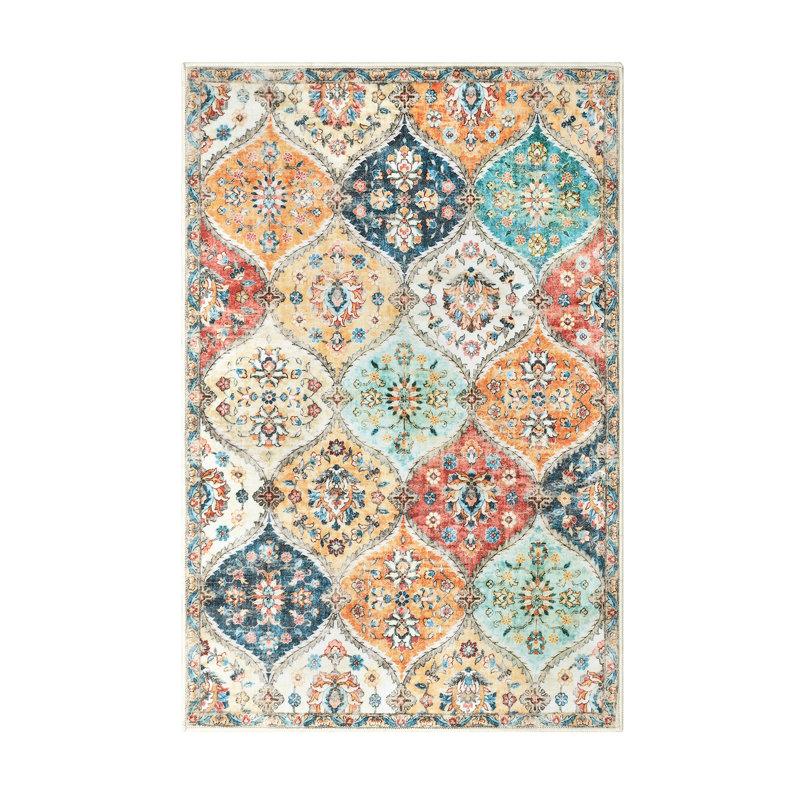 Washable Rug Vintage Distressed Rugs Non-Slip Stain Resistant Area Rug Floor Cover for Bedroom Living Room, Orange