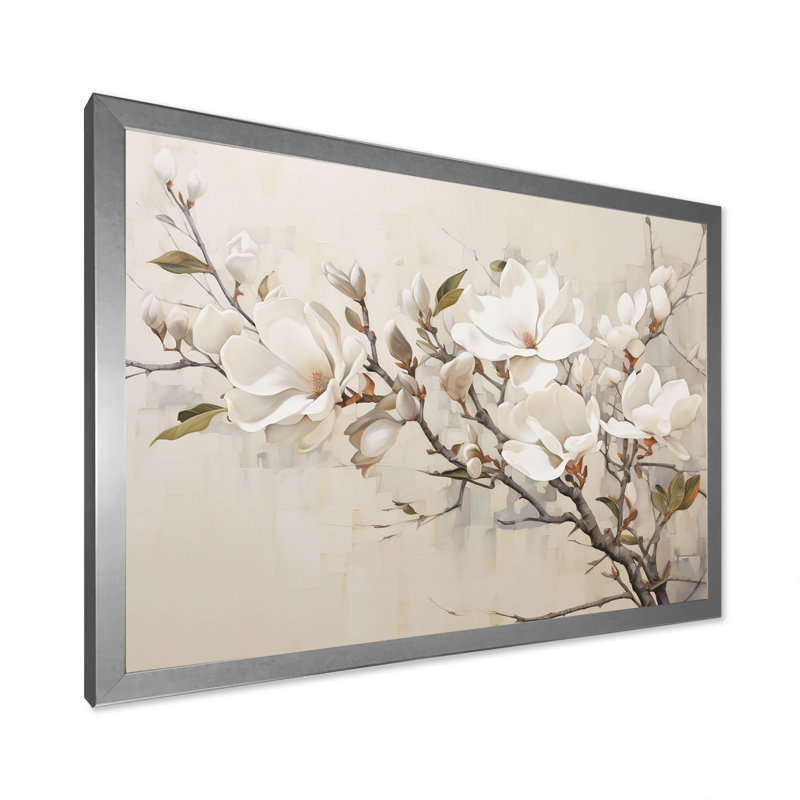 Beige de Magnolias «Dreamy» - art mural encadré Magnolias, H 24 po x l 32 po x P 1 po, Cadre flottant brun