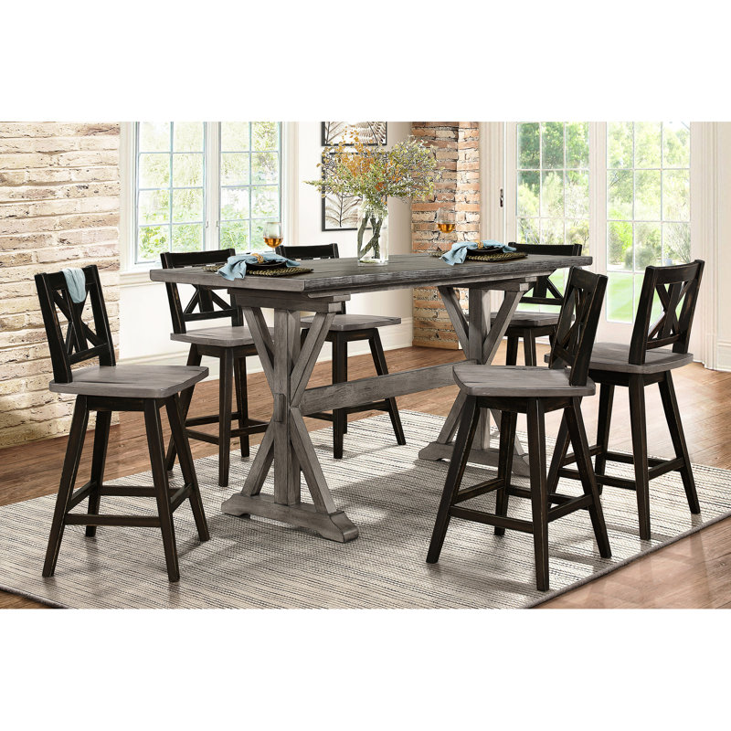 Table de salle à manger rectangulaire à hauteur de comptoir avec finition grise, bois massif, 6 chaises en bois gris vieilli, rectangulaire, sièges