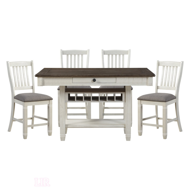 Ensemble de salle à manger à hauteur de comptoir 5 pièces avec rangement, étagère de présentation, tiroirs, support à vin et chaises rembourrées pour une salle à manger élégante