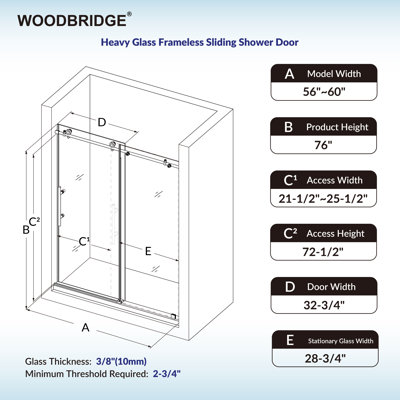 Vital 56"–60" W x 76" H Single Sliding Frameless Shower Door | 3/8" (10mm) Thick Tempered Glass | Stainless Steel Hardware | Safe & Shatter-Resistant