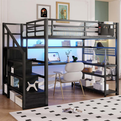 Full Size Metal Loft Bed With Staircase, Wardrobe, Desk, Storage Shelves, LED Lights, And Charge Station