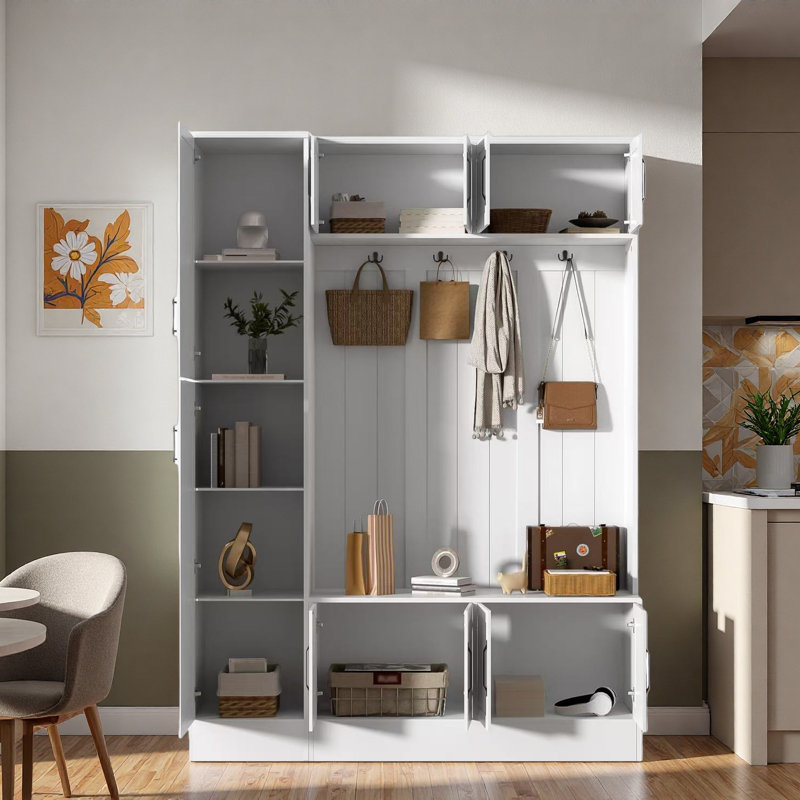 4-in-1 Tall Modern Hall Tree With Shoe Storage,  Cabinets, Coat Hooks, Metal Handles And Adjustable Shelves, White