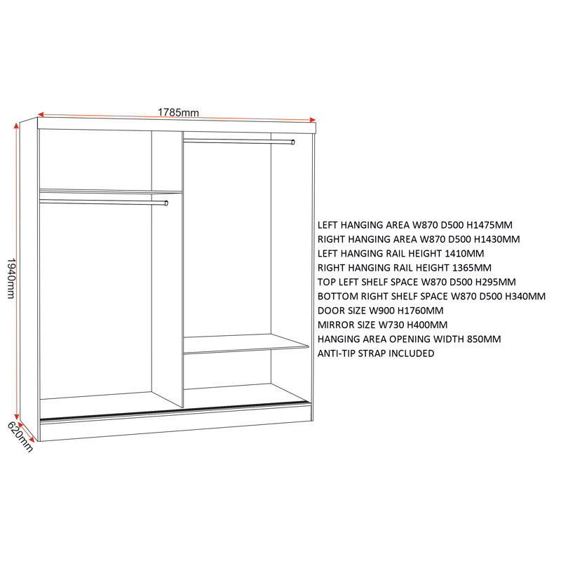 Cascio 2 Door Sliding Wardrobe, White/Silver