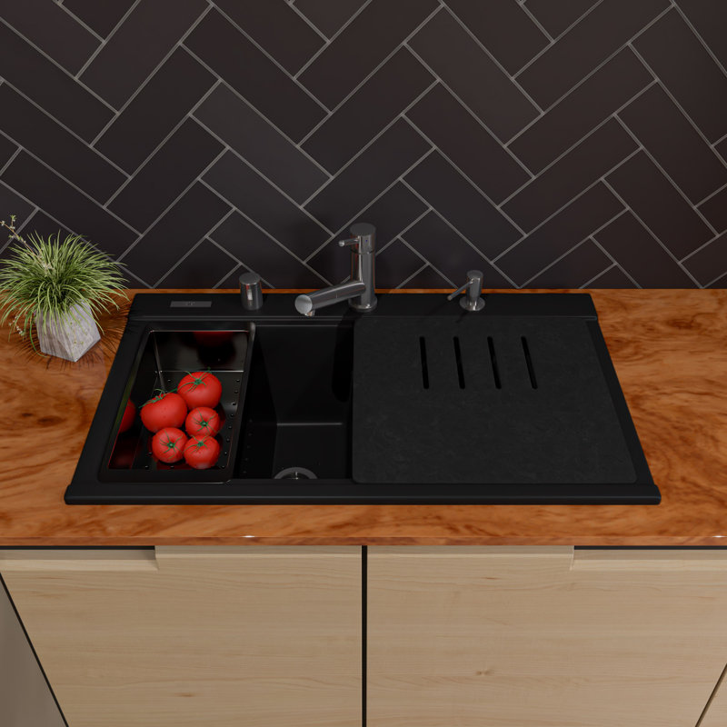 34'' L Double Bowl Granite Kitchen Sink, Matte Black
