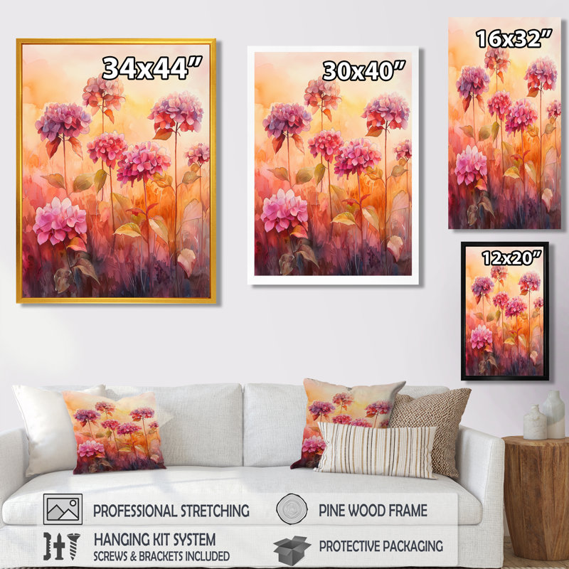 Hydrangea Field At Sunset I - Hydrangea Wall Art Decor, Black, Floater Framed Print, 20" H x 12" W