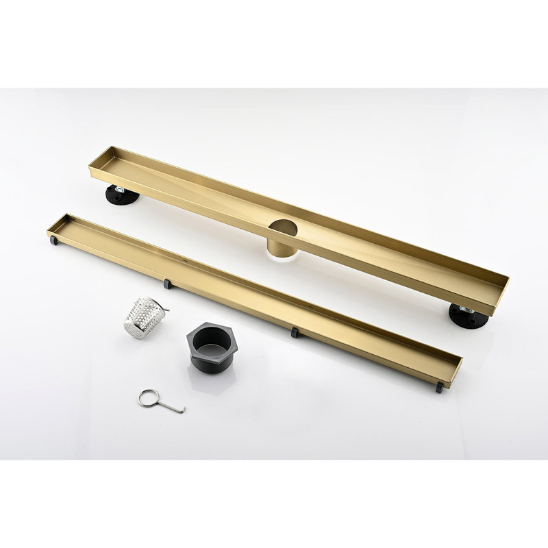 24 Inches Linear Shower Drain, Included Hair Strainer And Leveling Feet, Brushed Gold