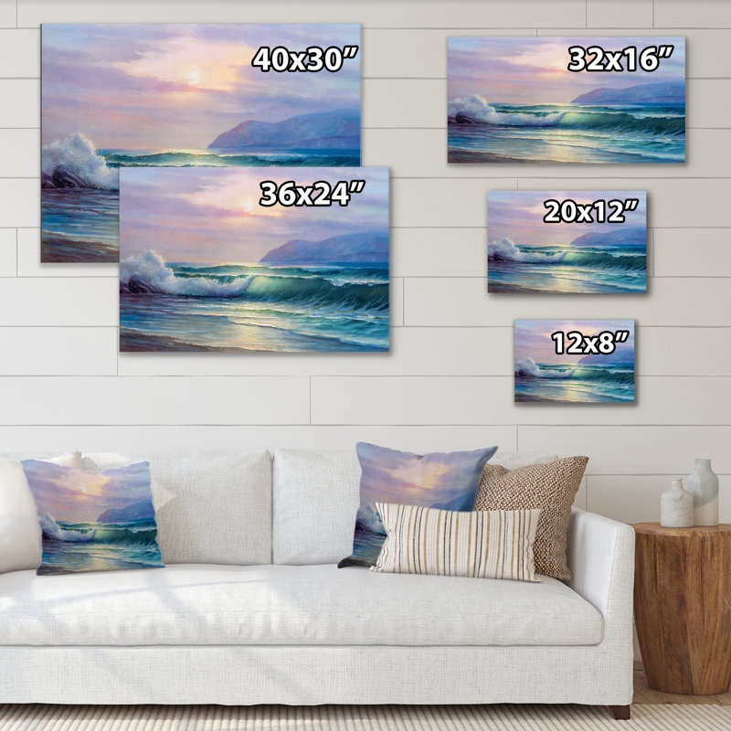 " Beautiful Green Ocean Sunset And Waves ", 24" H x 36" W x 1" D, Wrapped Canvas