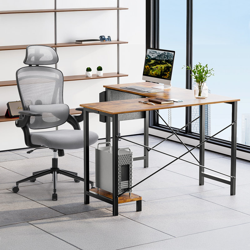 Desk and Chair Set: L-Shaped Computer Desk and Mesh Office Chair, Gray Chair/Brown Desk
