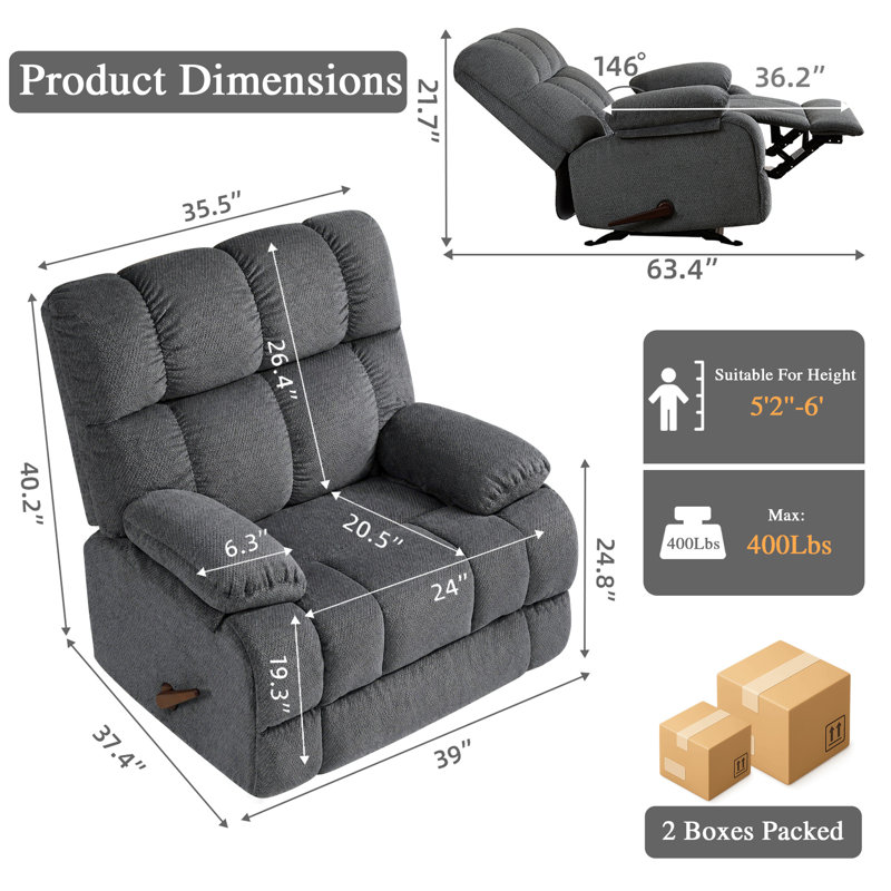 Modern Glider Recliner Chair With Rocking Function And Side Pocket, Grey, Gray Chenille