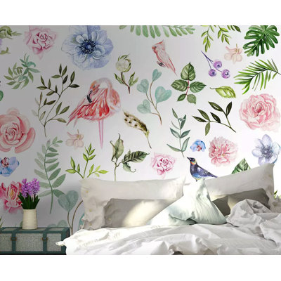 Murale florale rose et feuille bohémien flamant rose Luken