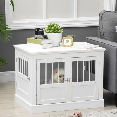 Table de bout Dog Kennel en blanc. Pour les petits chiens, avec comptoir spacieux, portes triples, pièce de fixation magnétique, cage en acier comme table, zone de livraison, pièce de raccordement, tubes