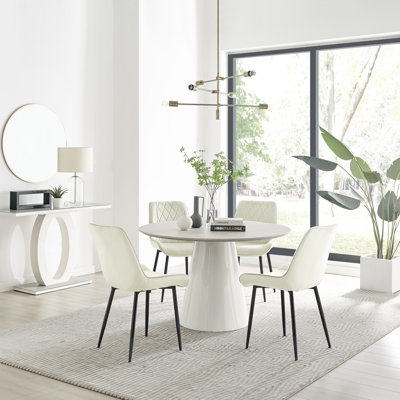 Statement 4 Person Round Dining Table Set in Luxury Beige Stone Effect - Velvet Dining Chairs