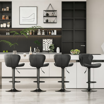 Ensemble de 4 tabourets de bar, tabourets de bar pivotants réglables en cuir de polyuréthane, tabourets de comptoir avec dossier et repose-pieds, tabourets de bar à hauteur de comptoir pour bar, cuisine, salle à manger, centre de divertissement, noir