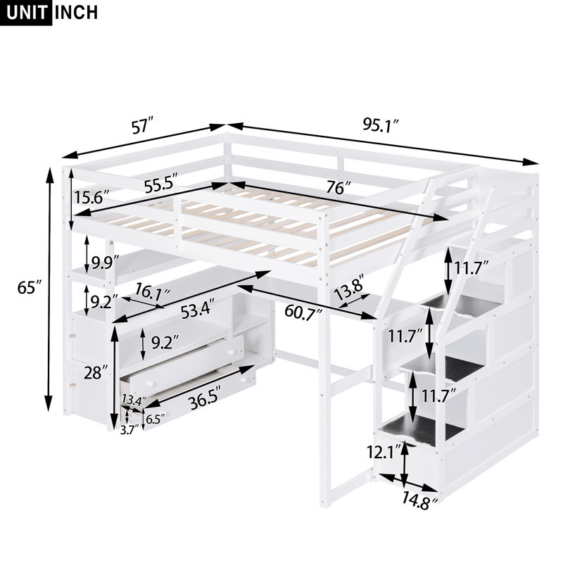 Lurelle Rustic Loft Bed With Desk, Shelves, And Sturdy Pine Frame, Full, White