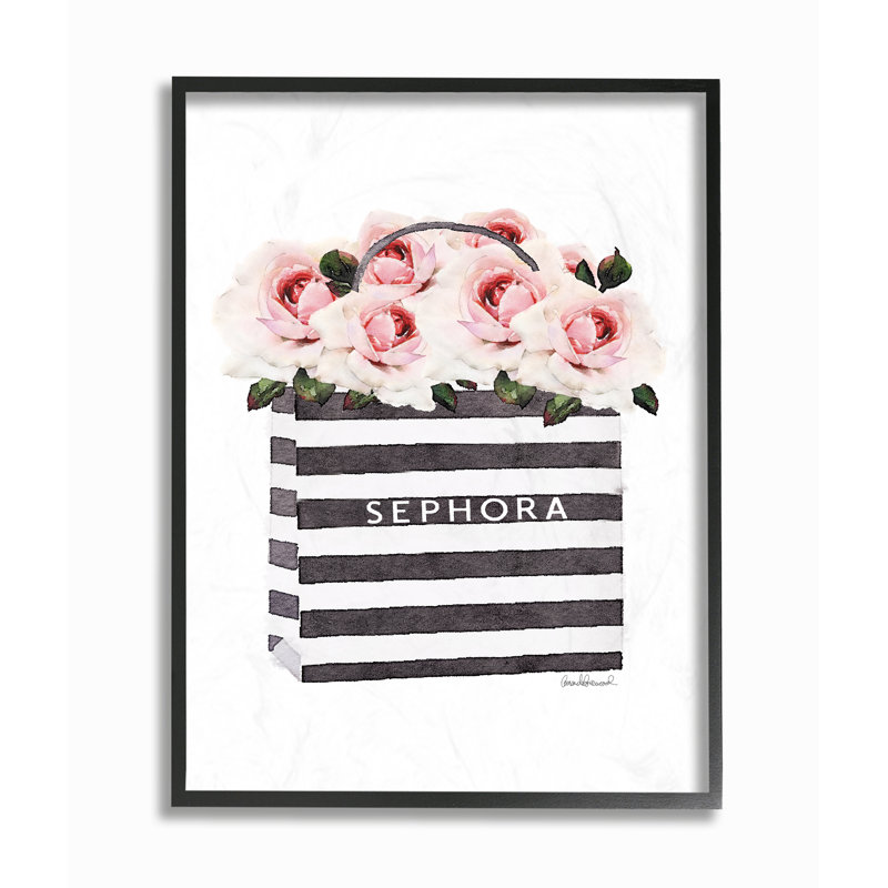 « sac de maquillage à rayures rembourré de roses », impression sur toile, H 14 po x l 11 po x P 1,5 po