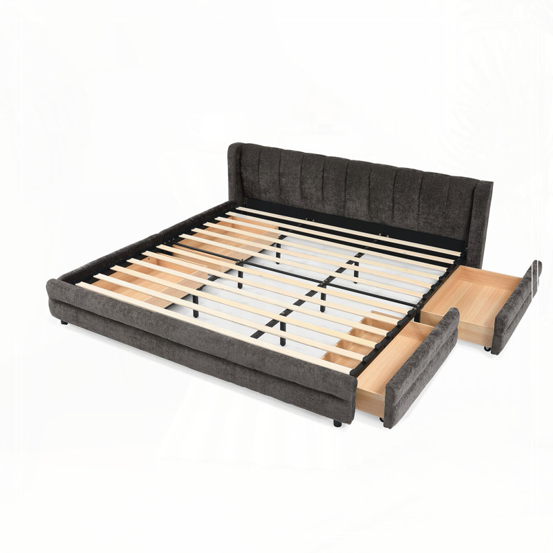 Cadre de lit rembourré avec tissu épais, cadre de lit rembourré confortable, tissu chenille, avec tête de lit et cadre de lit solide. Avec tiroir pour le rangement