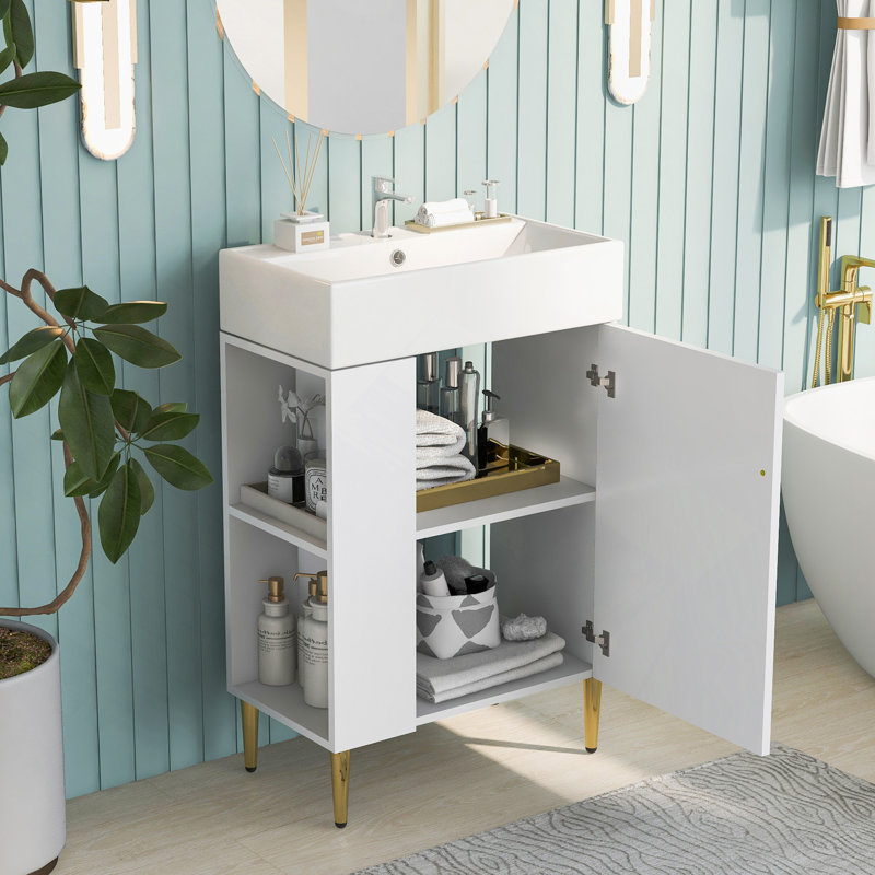 21.6" Bathroom Vanity, Combo Cabinet, Bathroom Storage Cabinet, Single Ceramic Sink, White