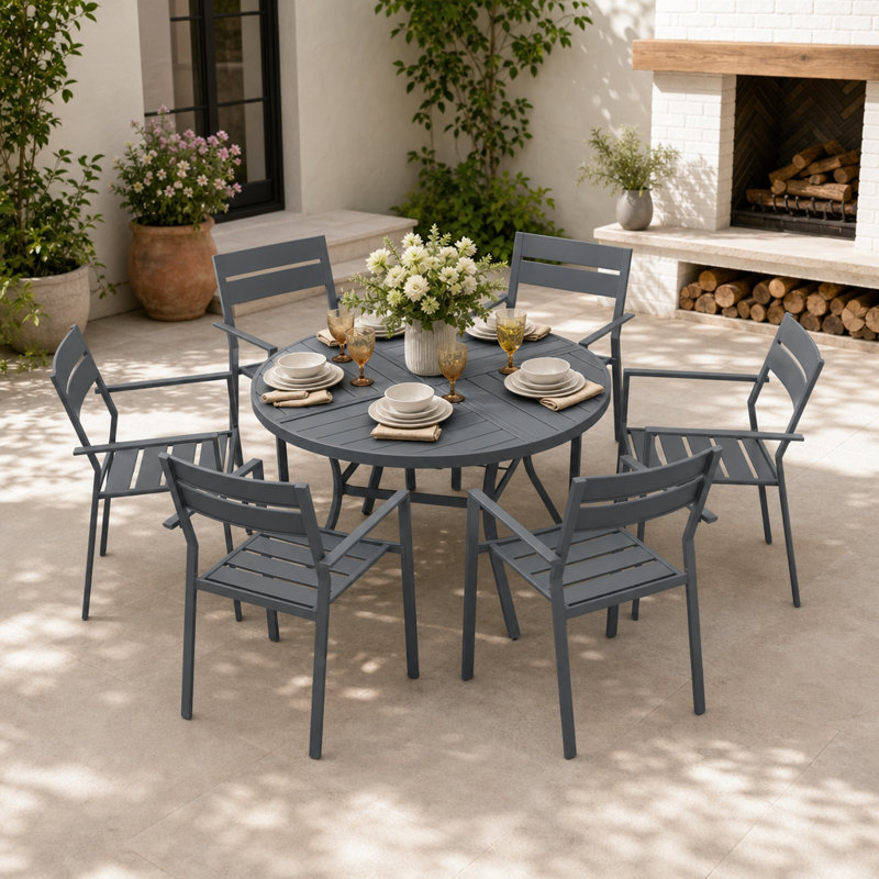 6-Person Round Patio Dining Set With Stackable Chairs, Gray