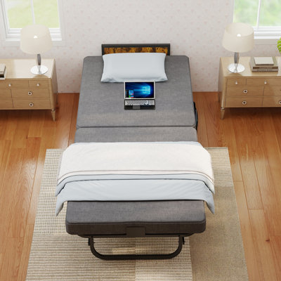 Twin Size Folding Bed With Headboard, Side Storage Pockets And Charging Station, Portable Rollaway Guest Bed With 3” Memory Foam Mattress, Roll Away, 75” X 31"