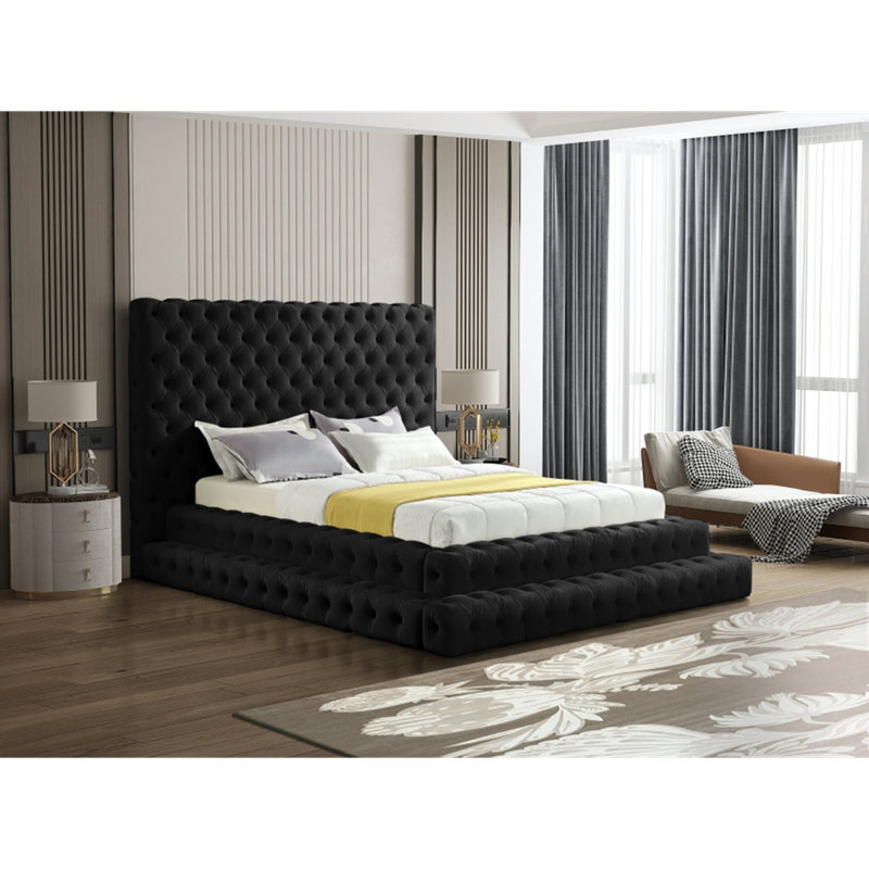 Lit plateforme en velours noir Kiki, Grand