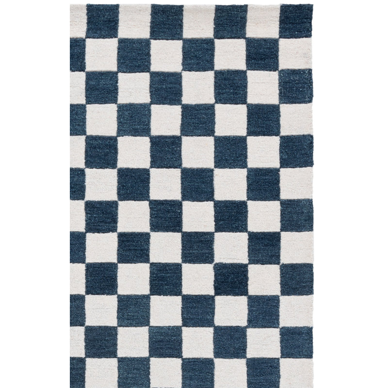 Tapis géométrique bleu / ivoire en laine et coton touffeté à la main Towell, Rectangle 6 pi x 9 pi