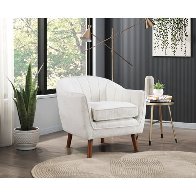 Chaise de style Mid-Century moderne, tissu chenille recouvert de blanc, bois massif avec pieds bruns, assise recouverte de chenille blanche de 22 po de profondeur