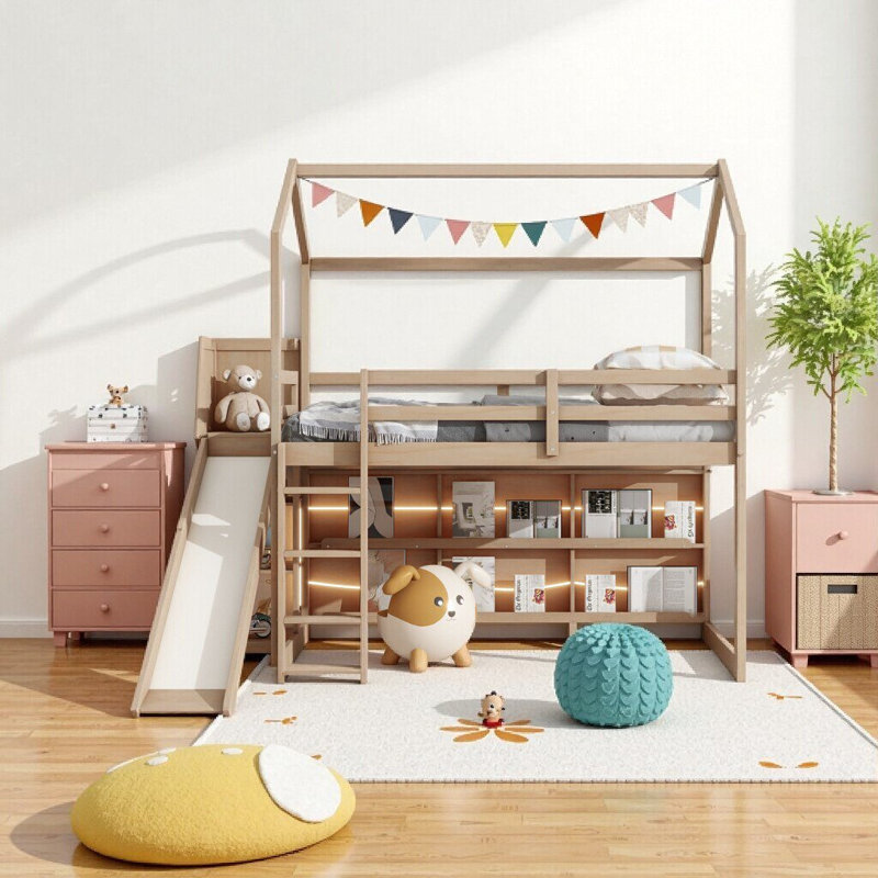 Lit mezzanine simple en bois avec glissade, tablettes de rangement, rampe d'éclairage et rampe - couleur bois