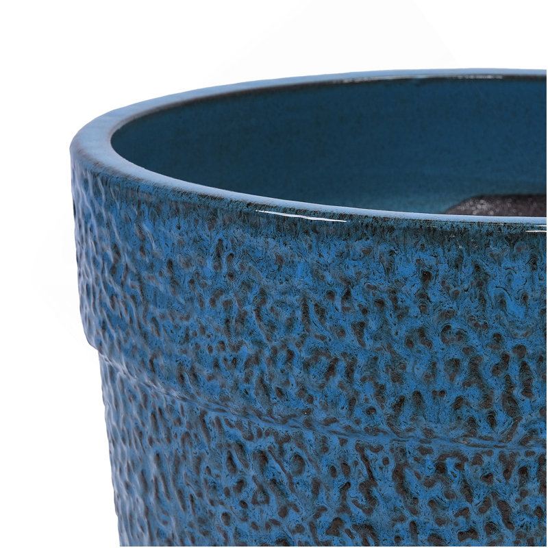 Handmade Ceramic Planter Set Of 3, 15/12/9 Inch Diameter, Blue Textured Pattern, For Succulents & Indoor Plants, Windowsill & Bookshelf Use, Breathable Clay