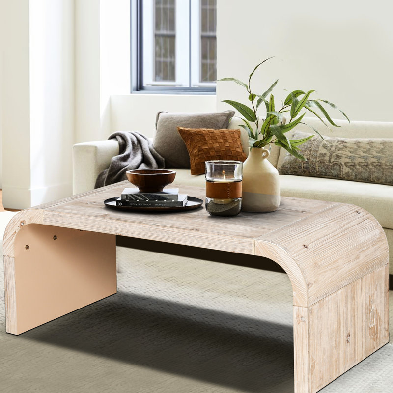 - Table basse de style rétro, éléments incurvés artistiques, installation rapide, finition naturelle antique, base en bois massif, table de rangement ouverte en design, esthétique, installation sans effort, l 46,63 po,