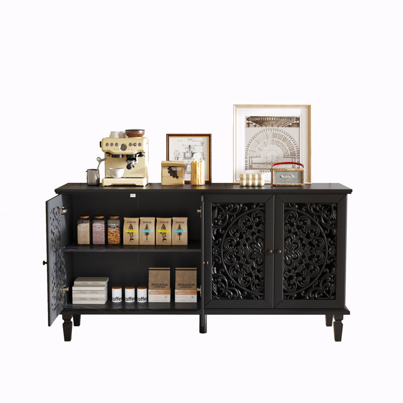 Buffet Cabinet with Floral Carvings with Solid Wood Legs, Black