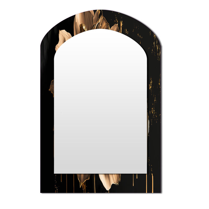 Noir et doré Dahlia - miroir arqué Dahlia, miroir mural noir asymétrique unique, impression sur métal, 43 po x 33 po