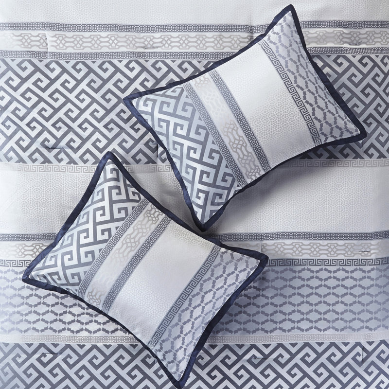 King Navy Comforter - 7 Piece With Wrinkle Fabrics Size Pieces Soft And Breathable Materials, Navy/White