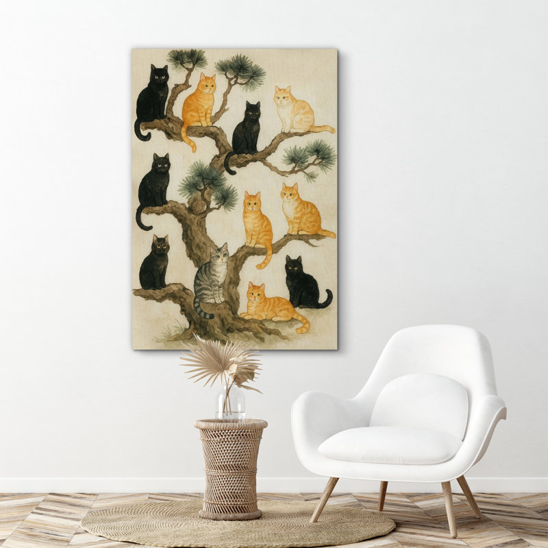 Douze chats assis sur un pin - reproduction d'art sur toile encadrée, H 18 po x l 12 po x P 1,5 po, Toile tendue