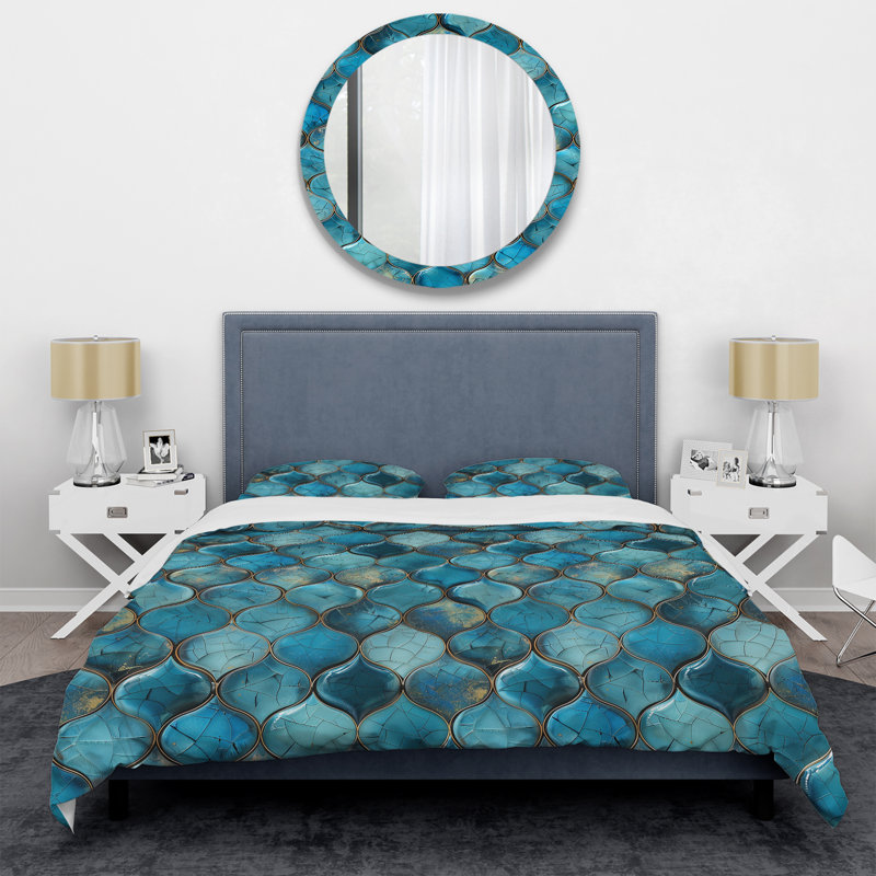 Turquoise Metallic Octagon I - Glam Duvet Cover Set, King Duvet Cover + 2 King Pillow Shams