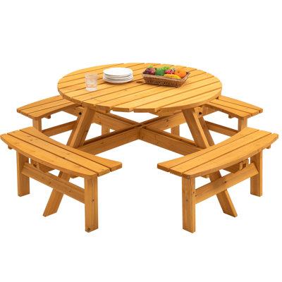 8 Person Wooden Picnic Table, Outdoor Camping Dining Table With Seat, Garden, DIY W/ 4 Built-In Benches, 2220Lb Capacity 