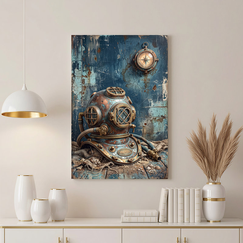 Casque de plongée rétro et boussole sur toile de bois bleu rustique, art mural, H 24 po x l 16 po