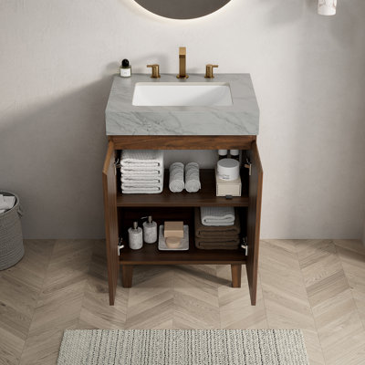 Meuble-lavabo LULA 61 cm (24 po), meuble autoportant, comptoir en pierre frittée gris Carrara veinée et lavabo en céramique avec 3 trous prépercés pour robinetterie, démonté, robinetterie et bonde non inclus, couleur noyer.