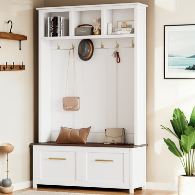 4-in-1 Hall Tree with 6 Golden Hooks, Wood Grain Bench with 2 Drawers and Storage, White