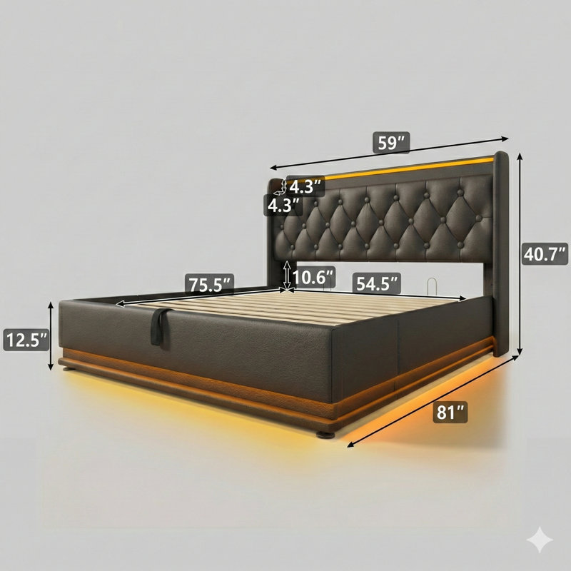 Full Size Upholstered Bed, 360-Degree Surround LED Lighting Function, Controlled Via Buttons/App/Remote, Hydraulic Storage Bed With USB Type-C Charging Ports, Black, PU Leather (Mattress Not Included)