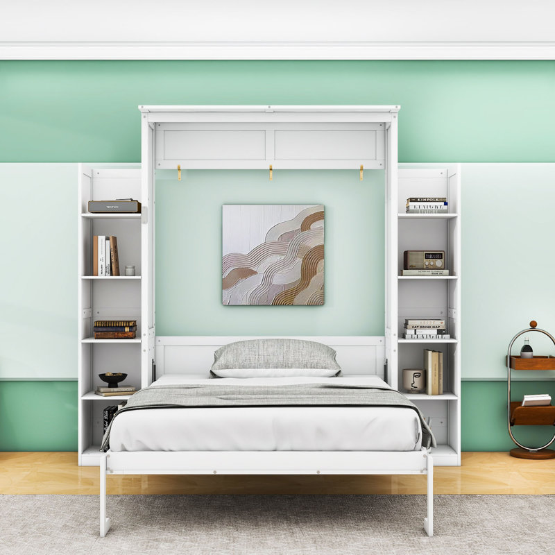 Lit escamotable en bois avec tablettes et lumières DEL Rashem, Double, Blanc