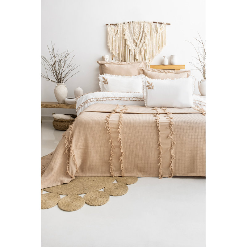 Ensemble de couvre-lit double beige, jacquard 100% coton, comprend une housse de lit (94 x 102), une housse de courtepointe (79 x 87), un drap plat (94 x 102), 2 taies d'oreiller (20 x 28) et 2 taies d'oreiller Oxford (20 x 28) + 2) | Lavable à la machine, sensation luxueuse