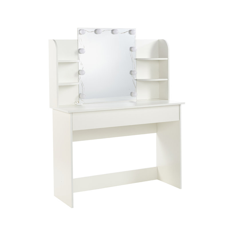 Coiffeuse blanche, commode avec lumières et miroir pour chambre à coucher