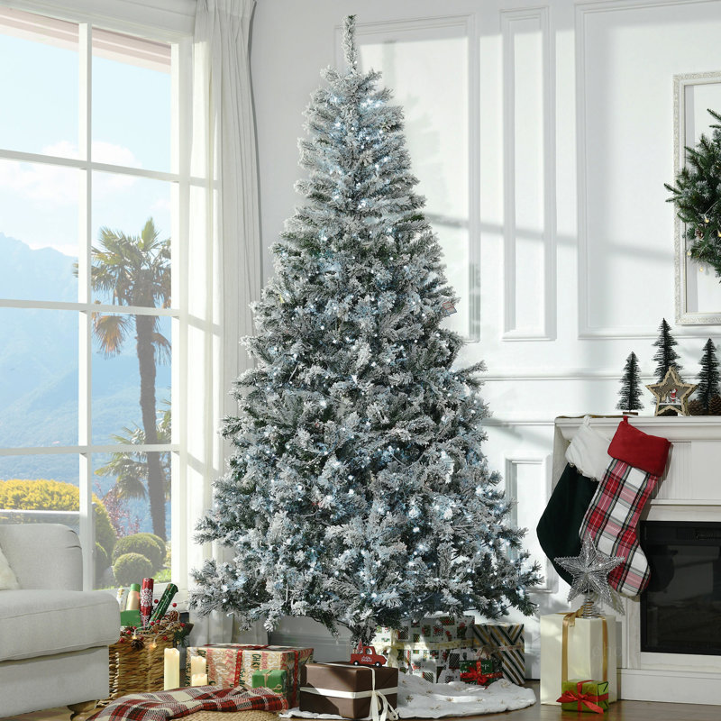 7.5' Flocked Artificial Christmas Tree With Cold  LED Lights