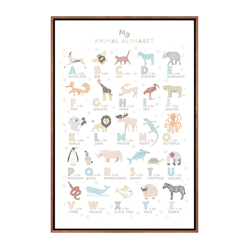 «Neutral Animal Alphabet», reproduction d'impression, H 40 po x l 26 po x P 1,5 po, Toile avec cadre brun, Pas de tapis