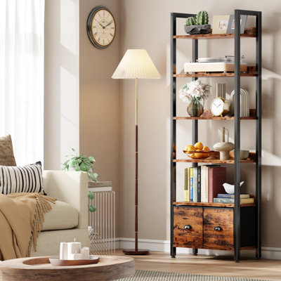 71.65"H X 20"W Modern Wooden-Metal Bookshelf with 2- fabric Drawers