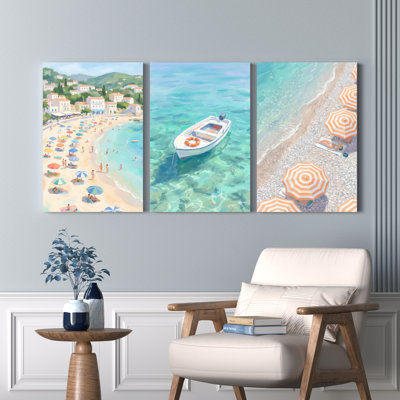 Scène de plage avec parapluies colorés et bateau, reproduction d'art sur toile tendue sur toile, ensemble de 3