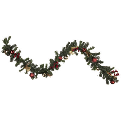 6' x 8" Pre-Lit Decorated Burgundy and Gold Pine Artificial Christmas Garland Cool White LED Lights