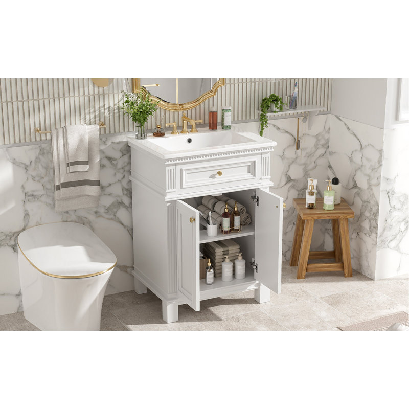 24'' Vintage Elegance Bathroom Cabinet with Soft Closing Doors and Adjustable Shelf, Bathroom Vanity with Ceramic Sink, White